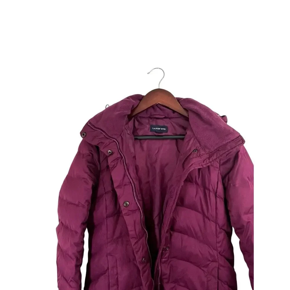 Lands' End Women's Jacket Puffer Coat XS Down Maroon Magenta Removable Hood Midi